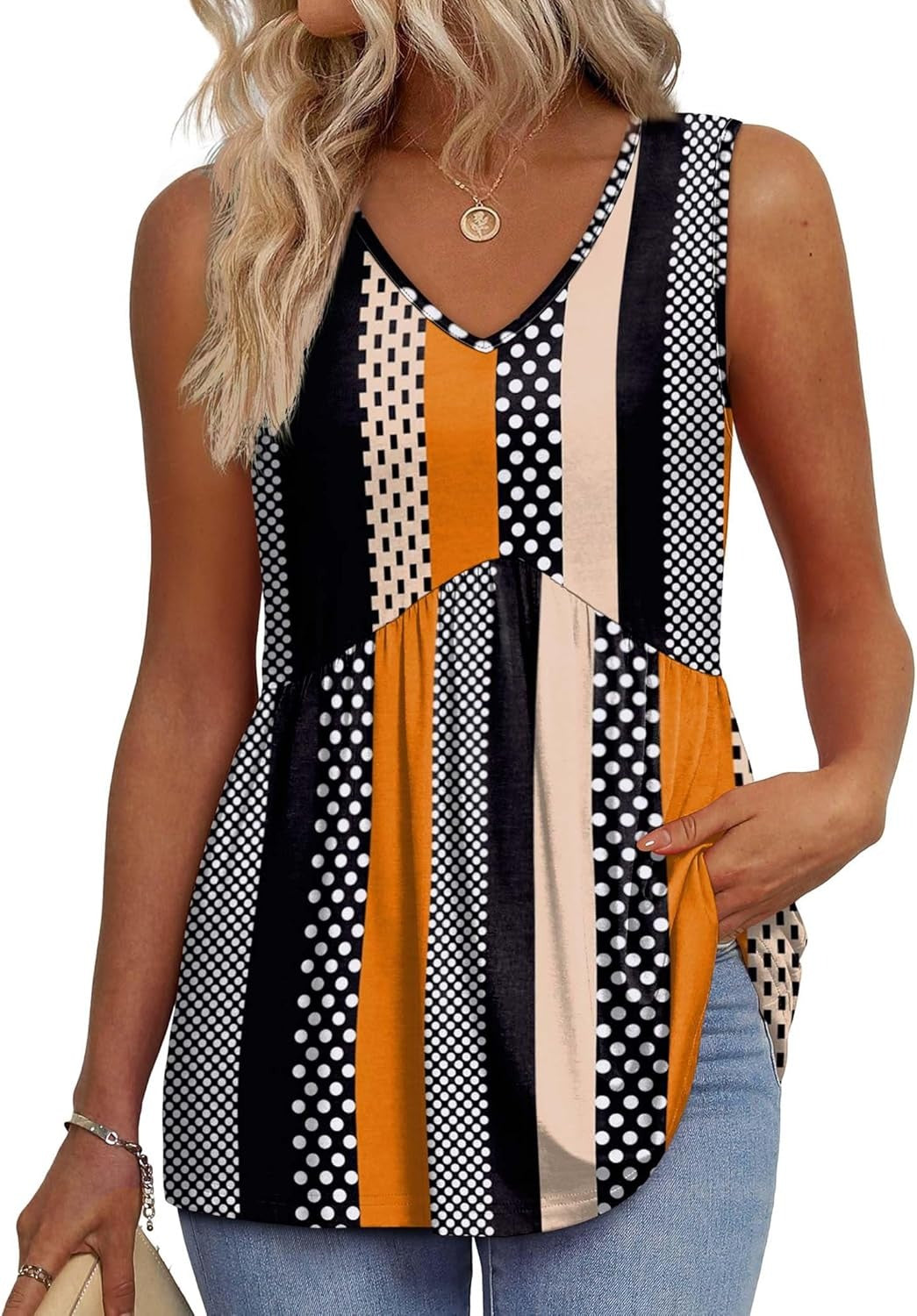 💜LAST DAY PROMOTION - 50%OFF💜Women's Print Flowy Sleeveless V Neck Peplum Tank Tops