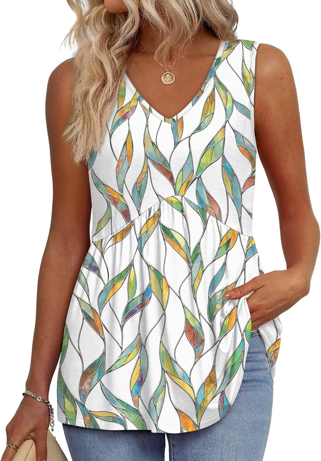 💜LAST DAY PROMOTION - 50%OFF💜Women's Print Flowy Sleeveless V Neck Peplum Tank Tops