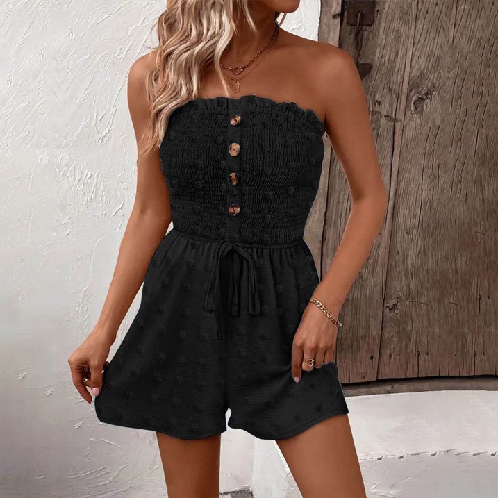 💜LAST DAY PROMOTION - 50%OFF💜Women's Strapless Frill Trim Shirred Tie Front Wide Leg Tube Romper