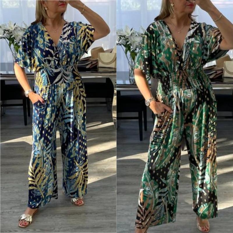 💜LAST DAY PROMOTION - 50%OFF💜Women's Summer Fashion Leaf Print Plus Size Bodysuit with Elastic Waist