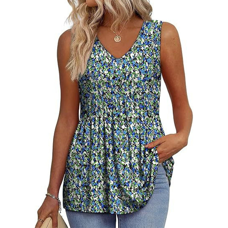 💜LAST DAY PROMOTION - 50%OFF💜Women's Print Flowy Sleeveless V Neck Peplum Tank Tops