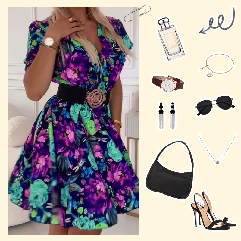 💜LAST DAY PROMOTION - 50%OFF💜Women's V-neck Floral Print Mini Dress