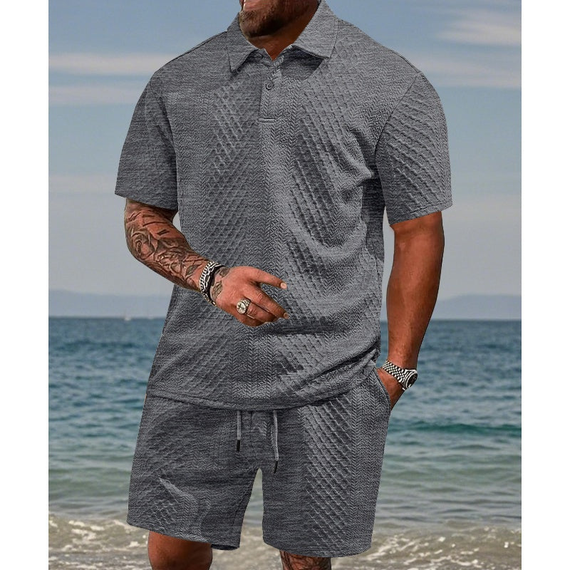 đLAST DAY PROMOTION - 50%OFFđMenâs Diamond Pattern Turn-Down Collar Short Sleeve Top & Drawstring Shorts 2-Piece Set