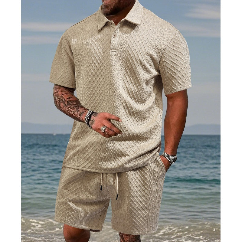 đLAST DAY PROMOTION - 50%OFFđMenâs Diamond Pattern Turn-Down Collar Short Sleeve Top & Drawstring Shorts 2-Piece Set
