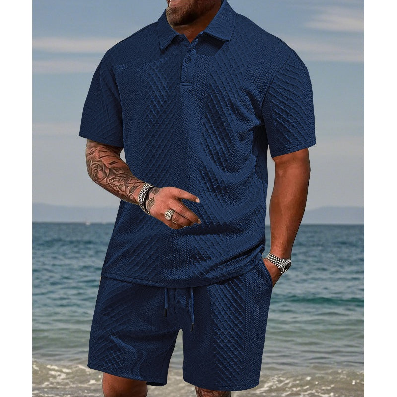 đLAST DAY PROMOTION - 50%OFFđMenâs Diamond Pattern Turn-Down Collar Short Sleeve Top & Drawstring Shorts 2-Piece Set