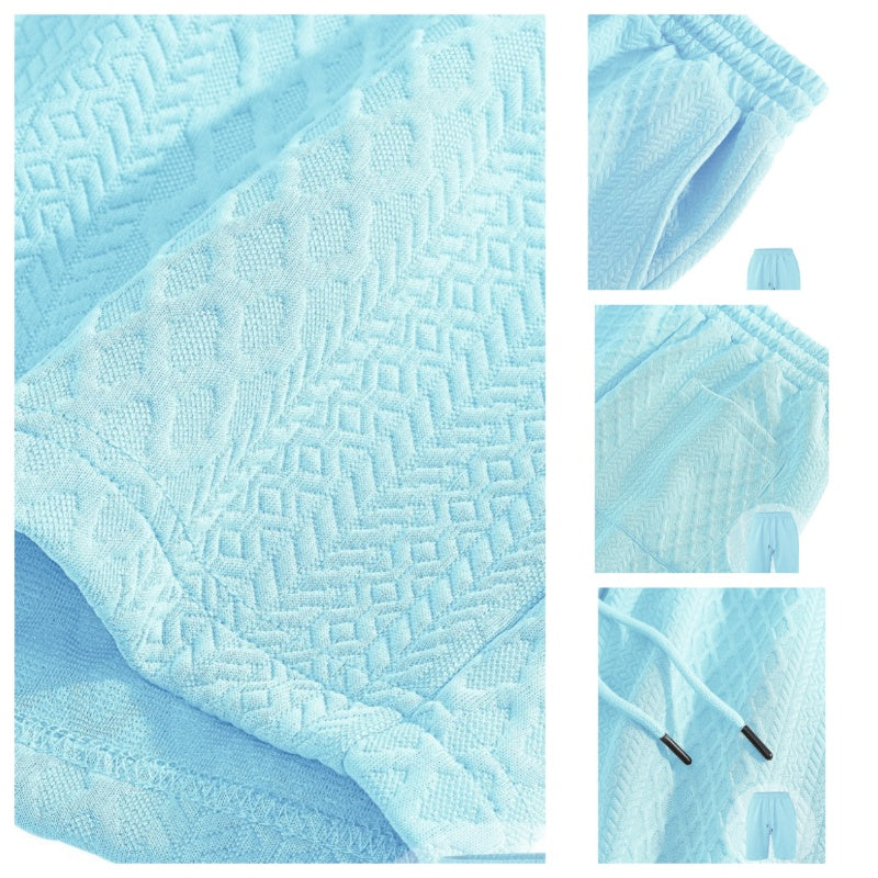 đLAST DAY PROMOTION - 50%OFFđMenâs Diamond Pattern Turn-Down Collar Short Sleeve Top & Drawstring Shorts 2-Piece Set