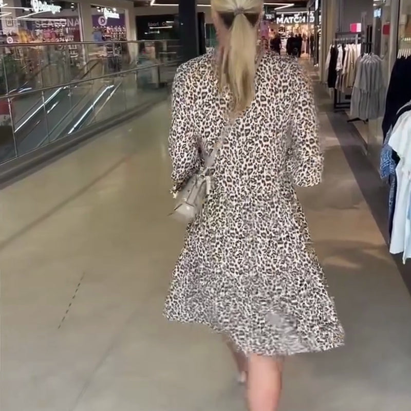 💜 LAST DAY PROMOTION - 50%OFF💜Women's Trendy Leopard Print V-Neck Loose Fit Dress