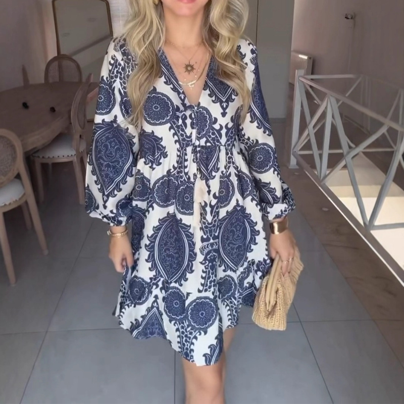 💜LAST DAY PROMOTION - 50%OFF💜Women’s Fashion Print V-Neck Mini Dress