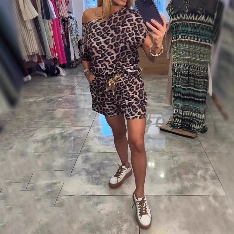 💜 LAST DAY PROMOTION - 50%OFF💜Leopard Print Off-Shoulder Top & Shorts Set
