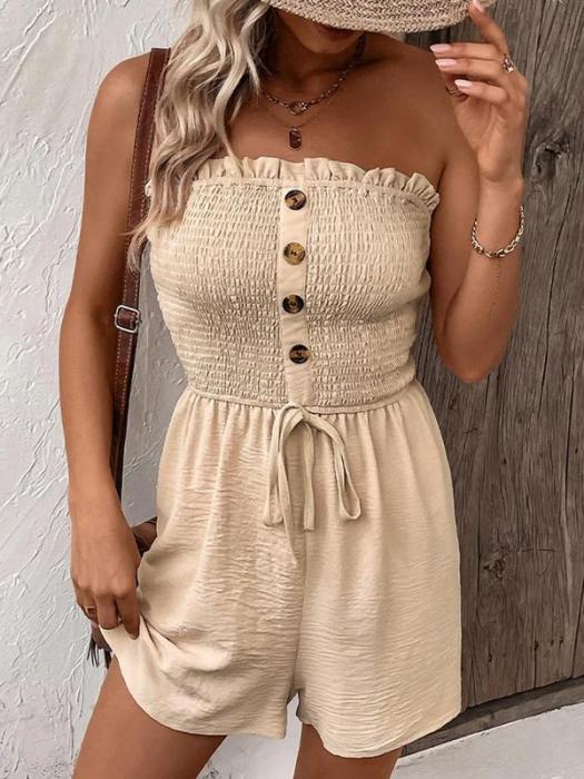 💜LAST DAY PROMOTION - 50%OFF💜Women's Strapless Frill Trim Shirred Tie Front Wide Leg Tube Romper