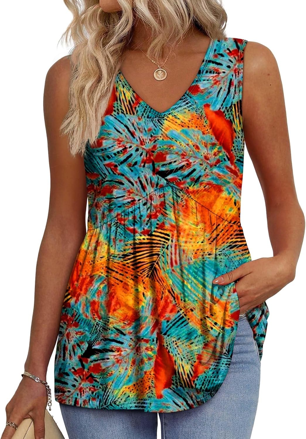 💜LAST DAY PROMOTION - 50%OFF💜Women's Print Flowy Sleeveless V Neck Peplum Tank Tops