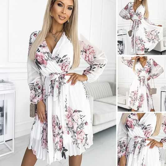 💜 LAST DAY PROMOTION - 50%OFF💜Women's V-Neck White Floral Dress With Belt