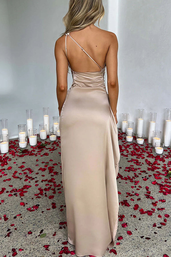 💜 LAST DAY PROMOTION 50%OFF 💜Fits Your Curves Satin One Shoulder Drape Slit Maxi Dress