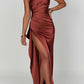 💜 LAST DAY PROMOTION 50%OFF 💜Fits Your Curves Satin One Shoulder Drape Slit Maxi Dress