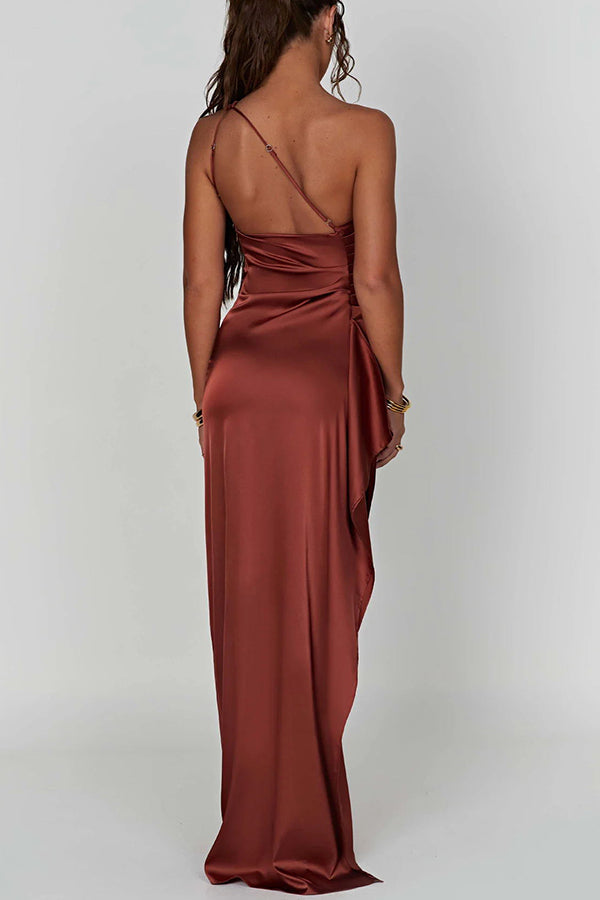 💜 LAST DAY PROMOTION 50%OFF 💜Fits Your Curves Satin One Shoulder Drape Slit Maxi Dress