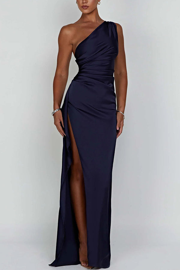 💜 LAST DAY PROMOTION 50%OFF 💜Fits Your Curves Satin One Shoulder Drape Slit Maxi Dress