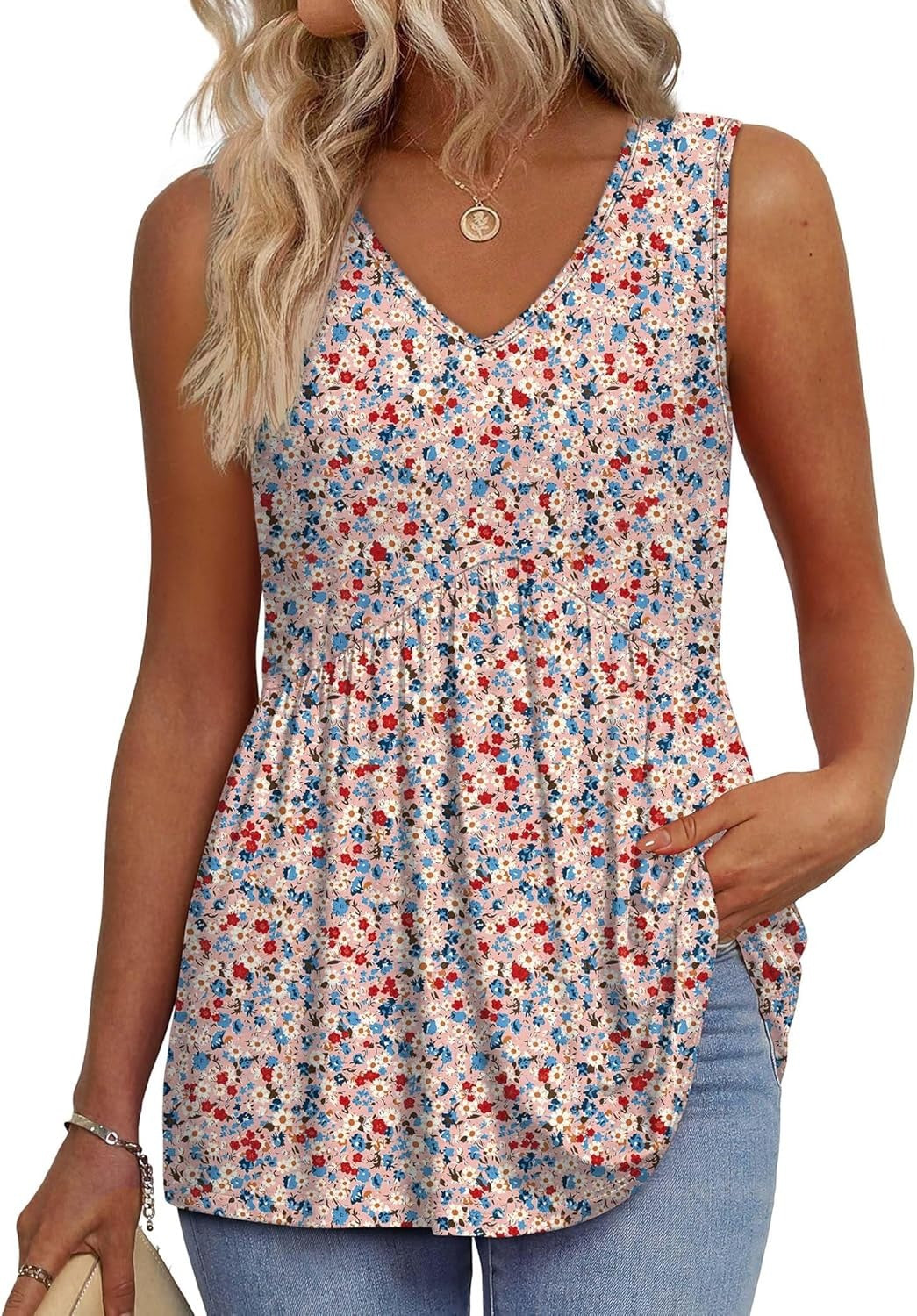 💜LAST DAY PROMOTION - 50%OFF💜Women's Print Flowy Sleeveless V Neck Peplum Tank Tops