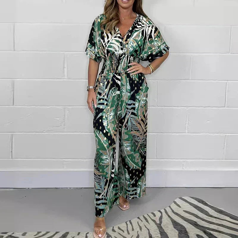 💜LAST DAY PROMOTION - 50%OFF💜Women's Summer Fashion Leaf Print Plus Size Bodysuit with Elastic Waist