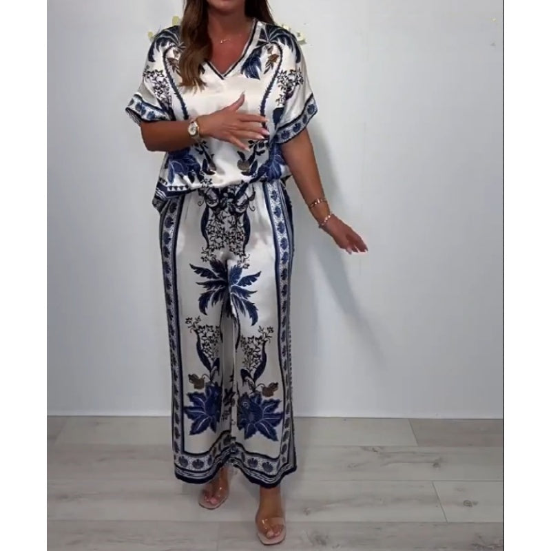 💜 LAST DAY PROMOTION - 50%OFF💜Women's Casual V-Neck Short Sleeve Top Wide Leg Pants Set