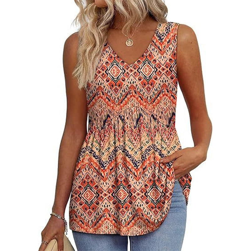 💜LAST DAY PROMOTION - 50%OFF💜Women's Print Flowy Sleeveless V Neck Peplum Tank Tops