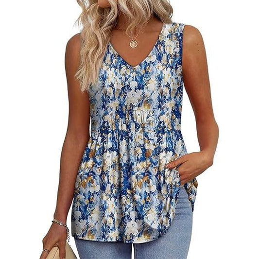 💜LAST DAY PROMOTION - 50%OFF💜Women's Print Flowy Sleeveless V Neck Peplum Tank Tops