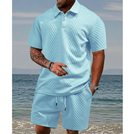 💜LAST DAY PROMOTION - 50%OFF💜Men’s Diamond Pattern Turn-Down Collar Short Sleeve Top & Drawstring Shorts 2-Piece Set