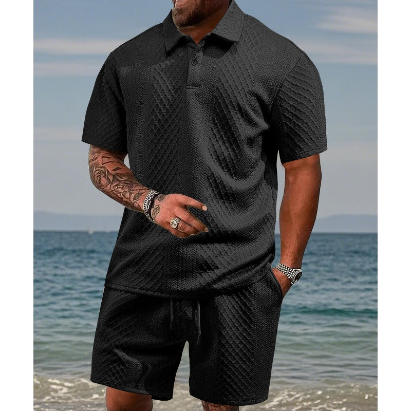 💜LAST DAY PROMOTION - 50%OFF💜Men’s Diamond Pattern Turn-Down Collar Short Sleeve Top & Drawstring Shorts 2-Piece Set