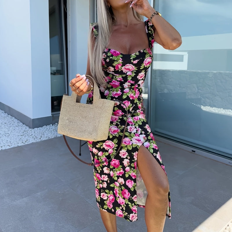💜LAST DAY PROMOTION - 50%OFF💜Women's Elegant Floral Print Side Slit Dress
