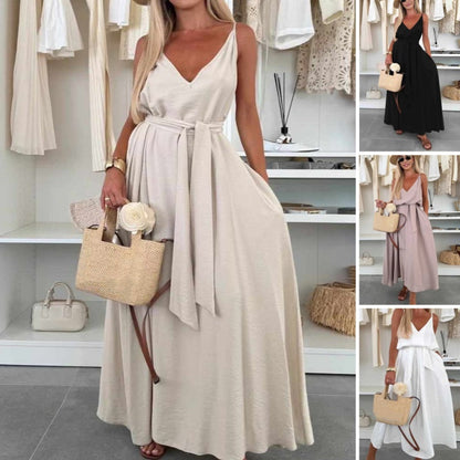 💜LAST DAY PROMOTION - 50%OFF💜Women’s Spaghetti Strap Maxi Dress with Waist Tie