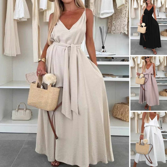 💜LAST DAY PROMOTION - 50%OFF💜Women’s Spaghetti Strap Maxi Dress with Waist Tie