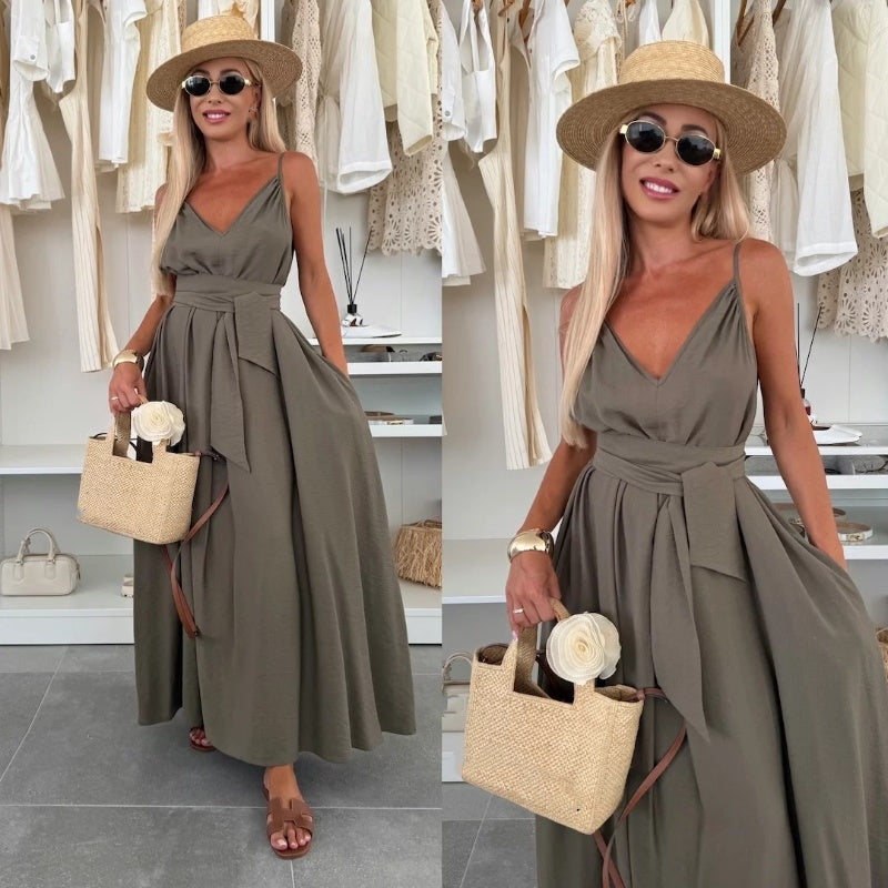 💜LAST DAY PROMOTION - 50%OFF💜Women’s Spaghetti Strap Maxi Dress with Waist Tie