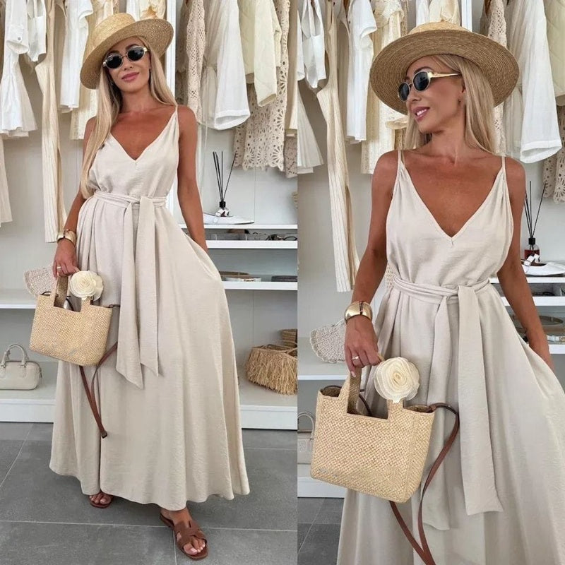 💜LAST DAY PROMOTION - 50%OFF💜Women’s Spaghetti Strap Maxi Dress with Waist Tie