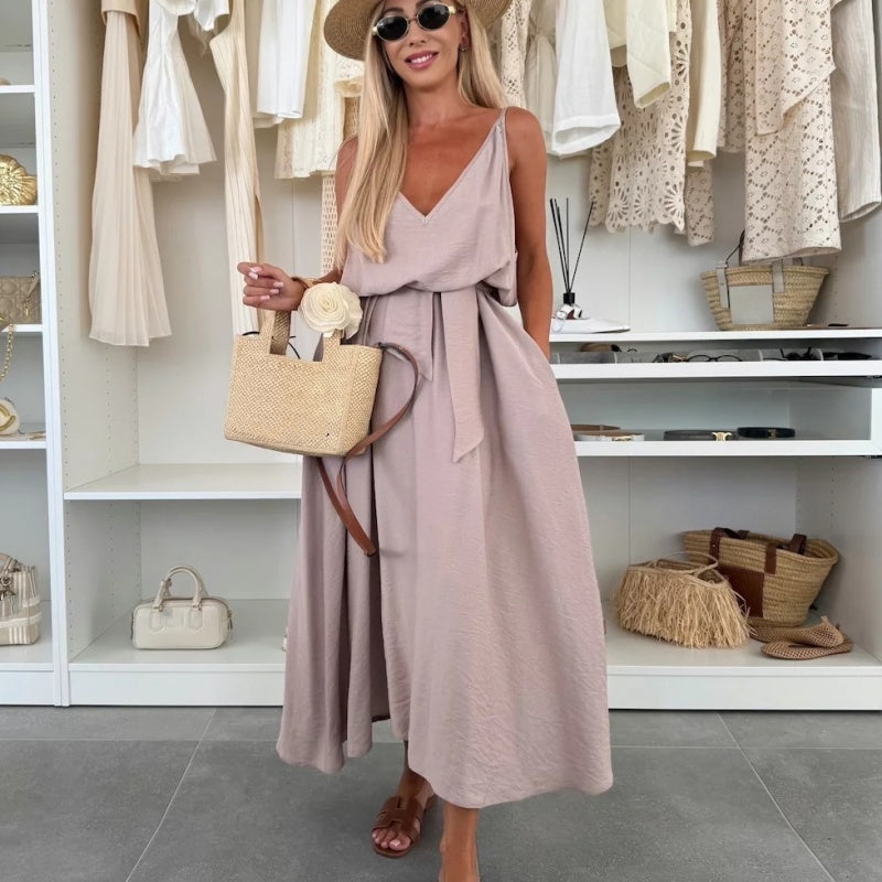 💜LAST DAY PROMOTION - 50%OFF💜Women’s Spaghetti Strap Maxi Dress with Waist Tie
