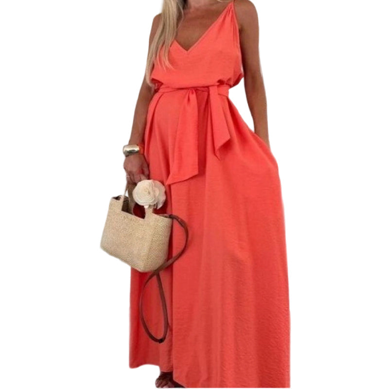 💜LAST DAY PROMOTION - 50%OFF💜Women’s Spaghetti Strap Maxi Dress with Waist Tie