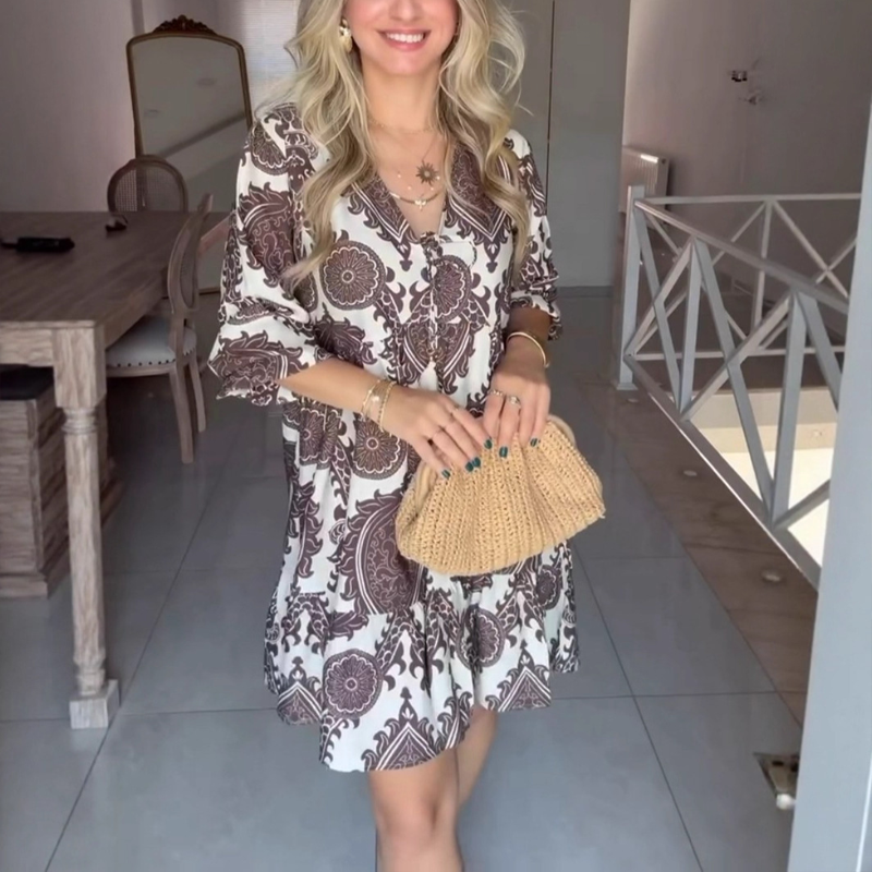 💜LAST DAY PROMOTION - 50%OFF💜Women’s Fashion Print V-Neck Mini Dress