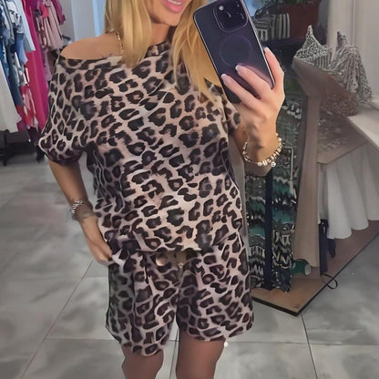 💜 LAST DAY PROMOTION - 50%OFF💜Leopard Print Off-Shoulder Top & Shorts Set