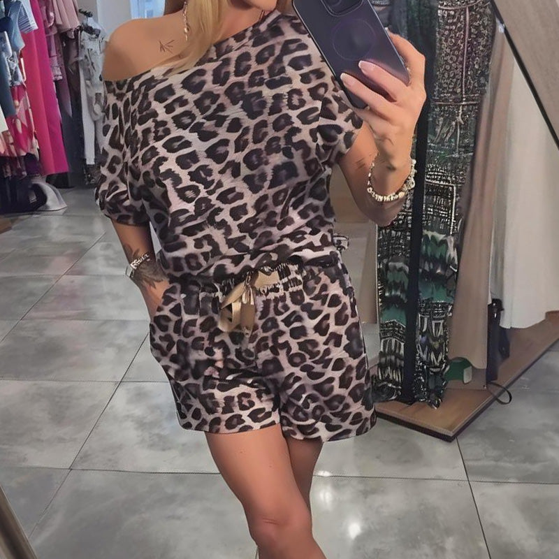 💜 LAST DAY PROMOTION - 50%OFF💜Leopard Print Off-Shoulder Top & Shorts Set