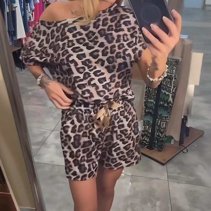 💜 LAST DAY PROMOTION - 50%OFF💜Leopard Print Off-Shoulder Top & Shorts Set