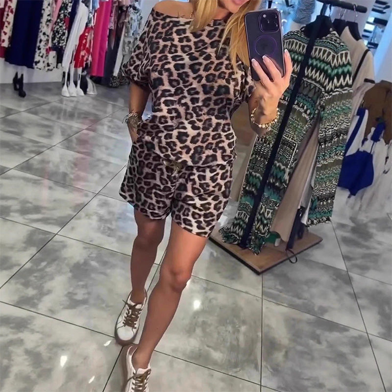 💜 LAST DAY PROMOTION - 50%OFF💜Leopard Print Off-Shoulder Top & Shorts Set