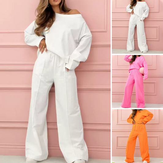 💜 LAST DAY PROMOTION - 50%OFF 💜Fashionable and Minimalist Round Neck Top & Wide Leg Pants 2-Piece Set