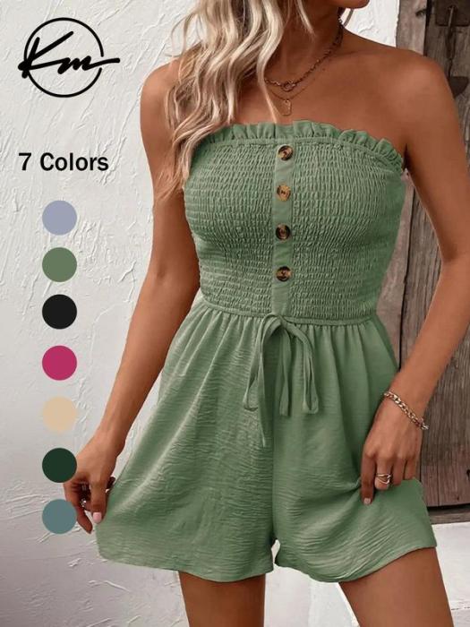 💜LAST DAY PROMOTION - 50%OFF💜Women's Strapless Frill Trim Shirred Tie Front Wide Leg Tube Romper